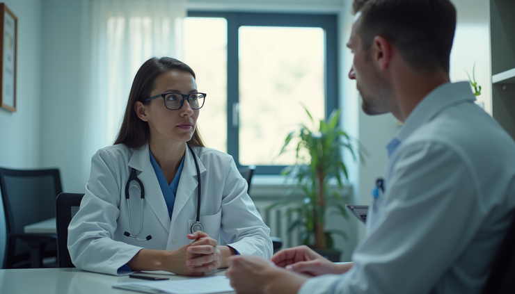Vista a nivel de ojo de un consultorio médico con un profesional de la salud y un paciente conversando