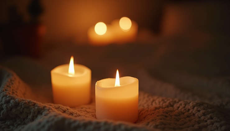 Vista de cerca de una habitación con ambiente relajante y velas encendidas