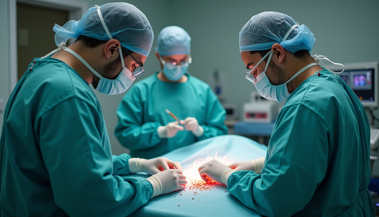 Vista lateral de un equipo médico realizando una litotricia para tratar cálculos urinarios