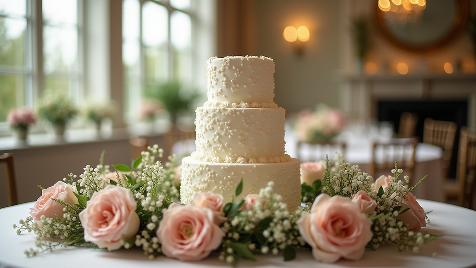 Eye-level view of a wedding cake centerpiece surrounded by floral arrangements
