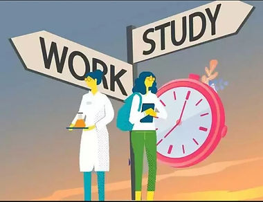 Illustration showing students at a crossroads with signs for Work and Study
