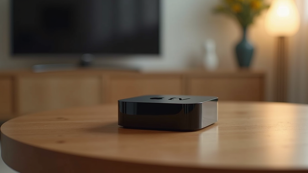 Vue rapprochée d’une Apple TV 4K posée sur une table en bois