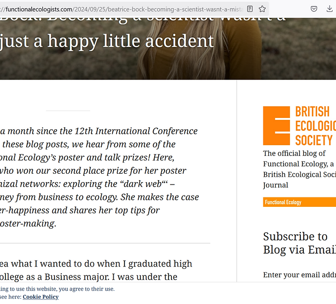 Screenshot of blog article written by Beatrice Bock for Functional Ecology, after winning an award for her presentations at ICOM in Manchester, UK, during Summer 2024.