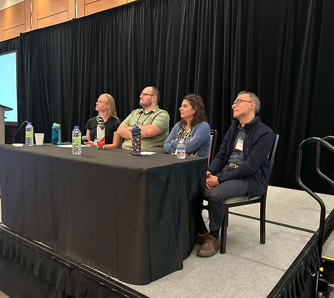 Beatrice (Bea) Bock sitting on a panel with Ian Mounts, Dr. Stav Livne-Luzon, Dr. Martin Bidartondo, and Dr. Matthias Rillig at the Mycological Society of America conference in 2024 in Toronto, Canada.