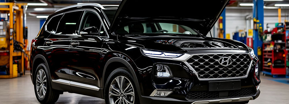 Кадр демонстрирует процесс обслуживания АКПП Hyundai Santa Fe 3.5 V6: механик аккуратно открывает поддон коробки, сливает старое масло, меняет фильтр и готовит поверхность для установки новой прокладки. Автомобиль стоит на подъёмнике, рядом находятся необходимые расходники. Фото подчёркивает точность и качество обслуживания 8-ступенчатого автомата.