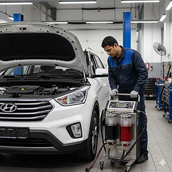 Hyundai Creta GS/SU2 2015-н.в. после завершённой полной замены масла в АКПП в сервисе PZM.kz. Автомобиль стоит на ровной площадке после тест-драйва, поддон очищен, старая жидкость собрана, мастер проверяет переключения. Фото демонстрирует завершённую процедуру замены масла, включающую очистку поддона, замену фильтра, заливку новой жидкости и контроль работы коробки, обеспечивая надёжность трансмиссии и плавность переключений при ежедневной эксплуатации.