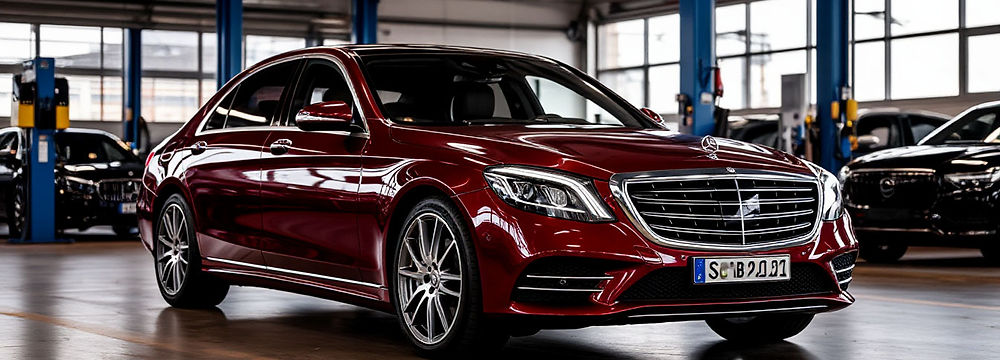 S-Class на подъемнике в процессе обслуживания  Изображение показывает поднятый на подъемнике Mercedes S-Class 2017+ годов. Мастер аккуратно открывает доступ к поддону АКПП 9G-Tronic. Учитывая магниевый корпус коробки, работа выполняется только с использованием мягкого, не повреждающего инструмента. Фото подчеркивает важность деликатного обслуживания трансмиссий нового поколения.