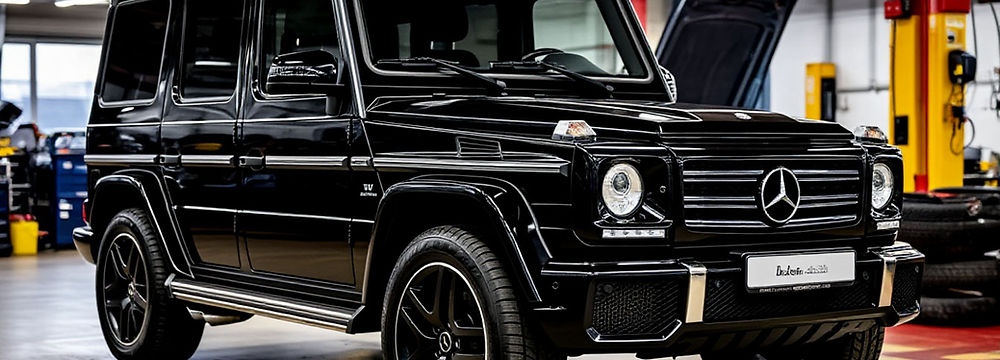 Процесс обслуживания АКПП 722.6 на старом G-Class. Механик откручивает металлический поддон, из коробки стекает тёмная ATF. На фоне — инструменты и канистры масла, соответствующего требованиям MB 236.14. Видна характерная мощная рама и элементы полного привода, усложняющие доступ к агрегату.