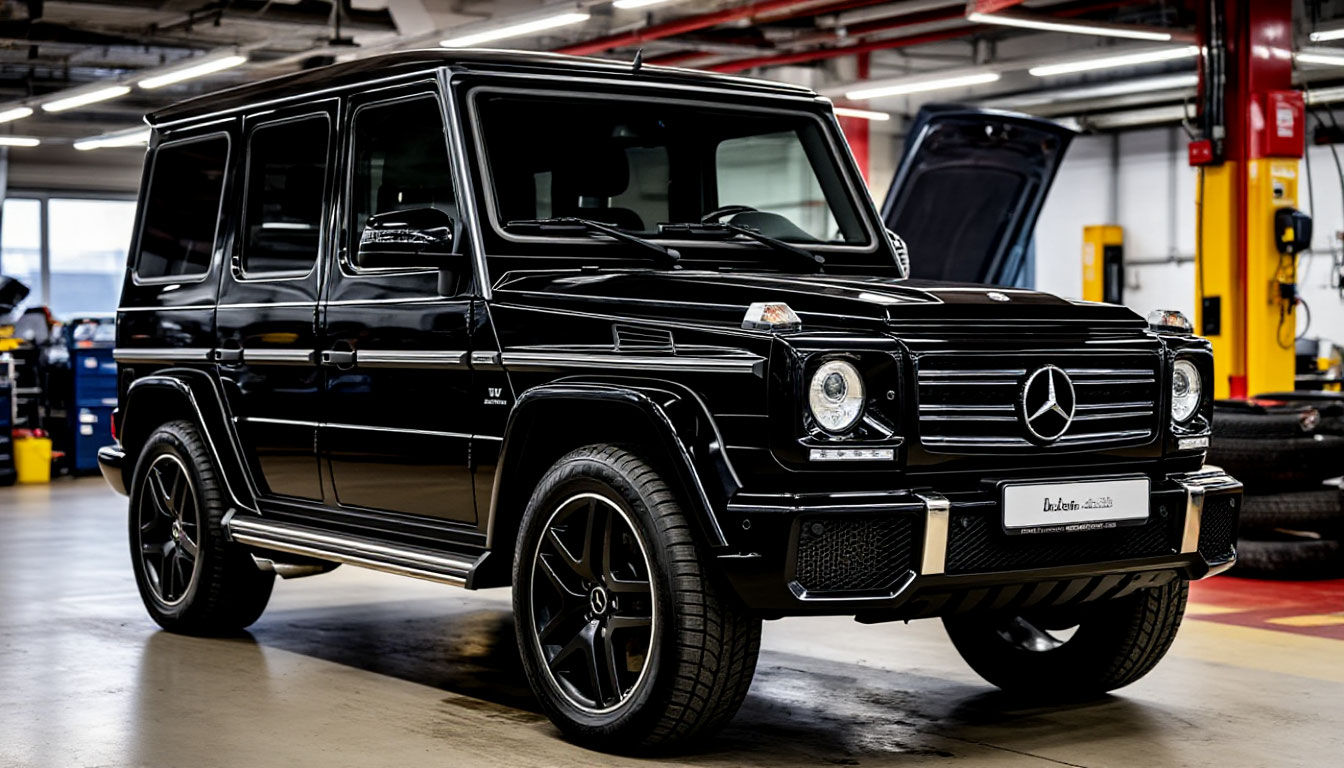 Замена масла в АКПП Mercedes-Benz G-Class W463 дорестайлинг (1996–2010). Классический «Гелик» стоит на подъёмнике, видна массивная рама и тяжелая подвеска. Мастер готовится к обслуживанию автоматической коробки — в зависимости от года выпуска это 5-ступенчатая 722.6 или ранняя 7-ступка 722.9. Работы выполняются по допуску 236.14.