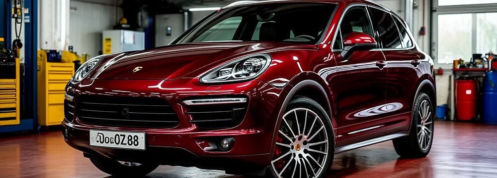 Красный Porsche Cayenne стоит в гараже, вид сбоку, стильный автомобиль. 