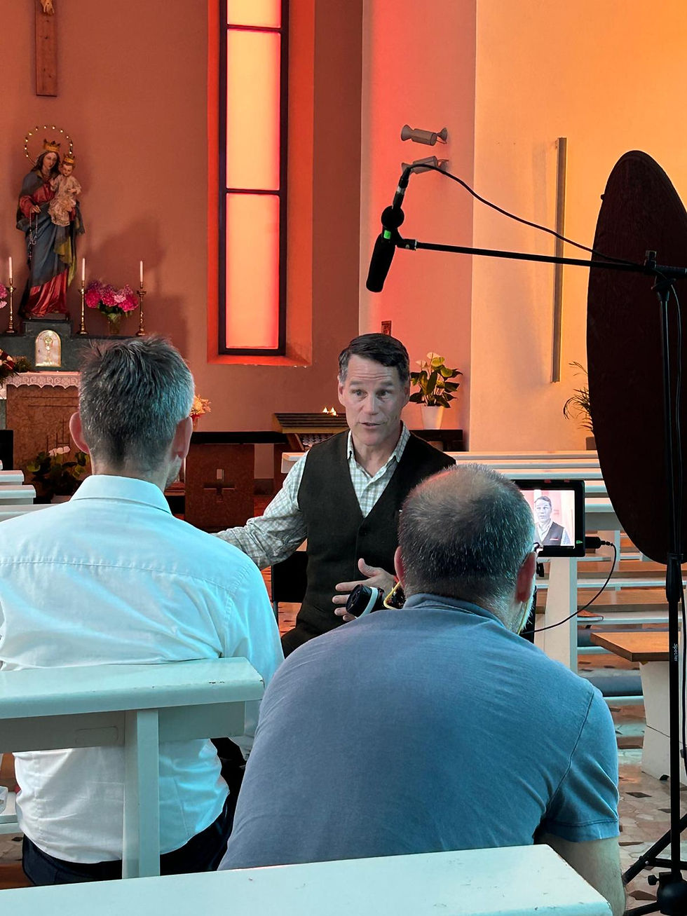 Jeff Struecker being interviewed for With love, Billy documentary in the church in Torbole by Ben Appleby