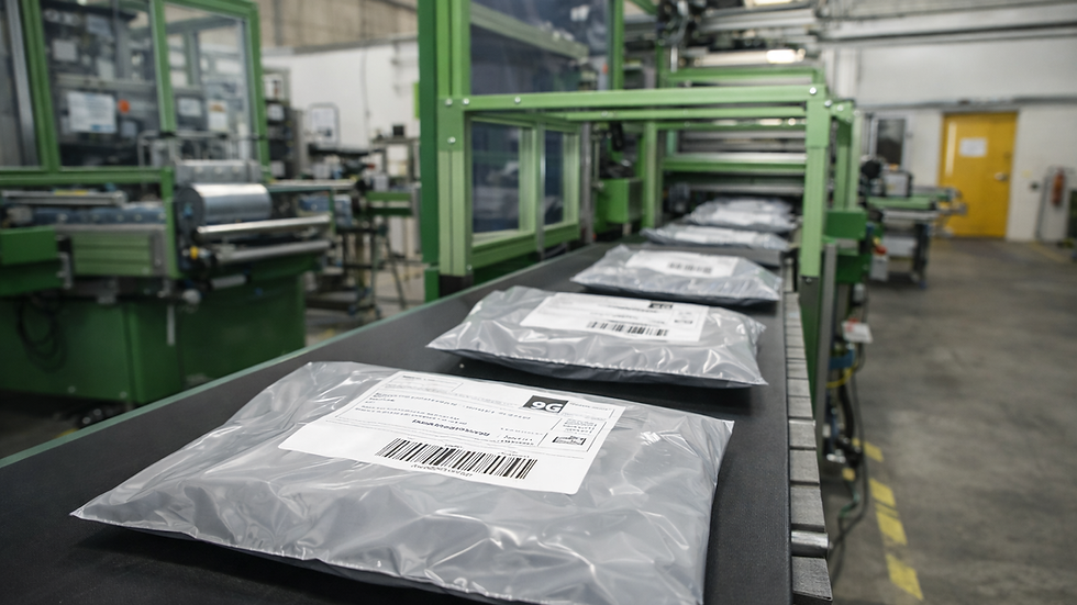 Automated e-commerce packaging line using LDPE polythene film with sealed mailing bags on conveyor system