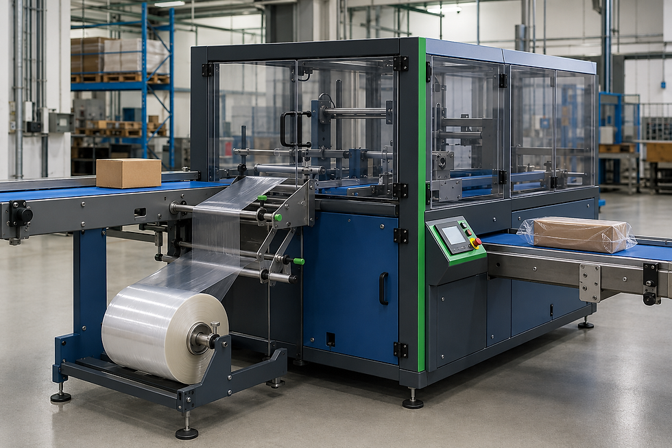 Clear single-wound polythene film feeding into an enclosed horizontal automated bagging machine