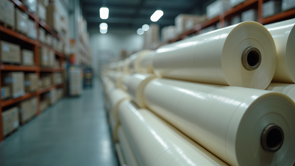 Close-up view of stacked rolls of polythene film in a warehouse