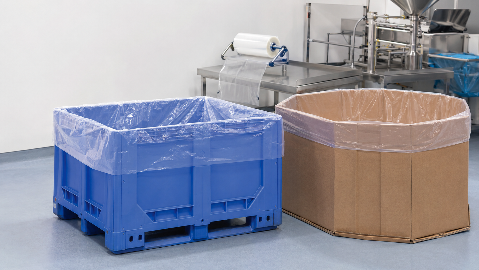 Clear bespoke polythene liners fitted inside a blue Dolav pallet box and an Octabin in a clean UK packing environment
