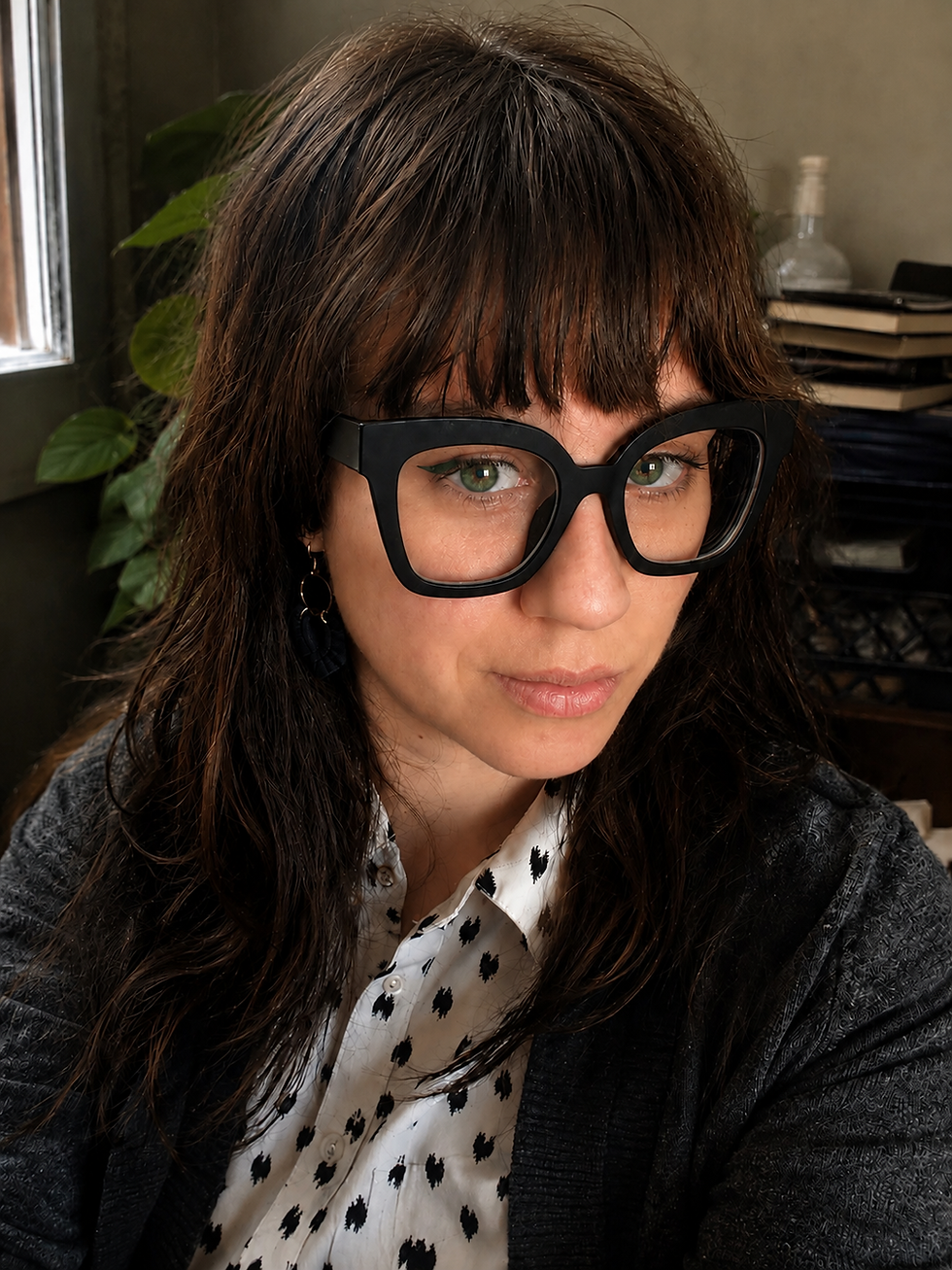 Woman with dark hair and bold black glasses