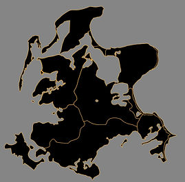 Große Karte der Insel Rügen in den Farben schwarz und orange, wobei schwarz die Regionen der Insel anzeigt und orange die Grenzen als Linie markiert.