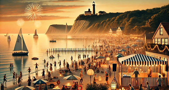 Veranstaltungen heute auf der Insel Rügen mit Sonnenuntergang und Feuerwerk über der Ostsee, Musik und Menschen die Feiern und Tanzen.