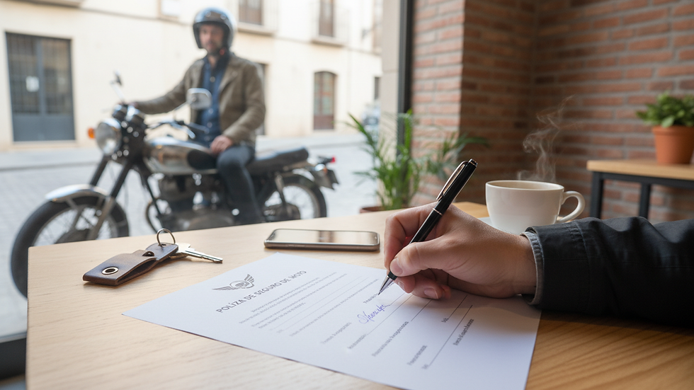 Primer plano de una mano firmando un contrato de seguro de moto sobre una mesa