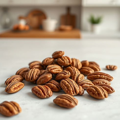 raw pecans on a very clean and subdued background with almost an modern airy farmhouse kit