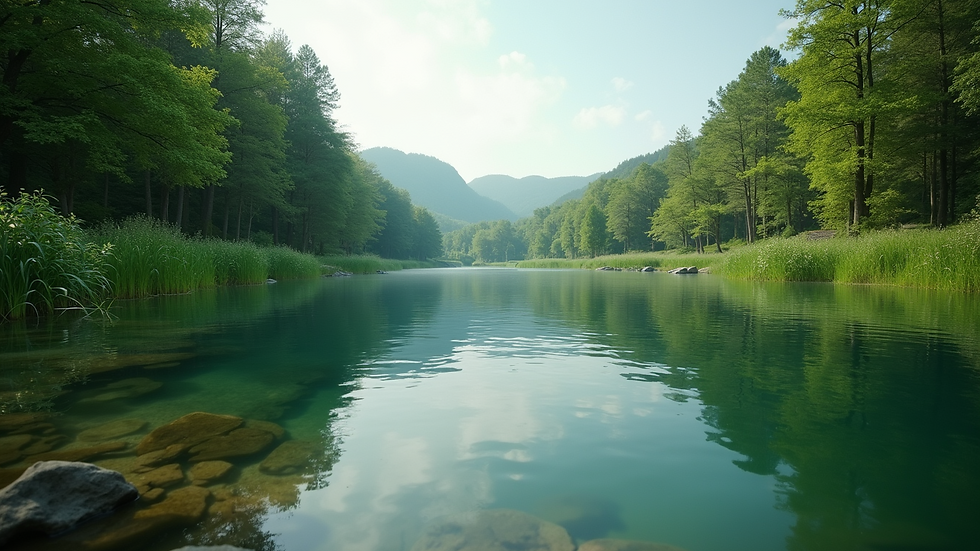 Eye-level view of a serene lake surrounded by lush greenery