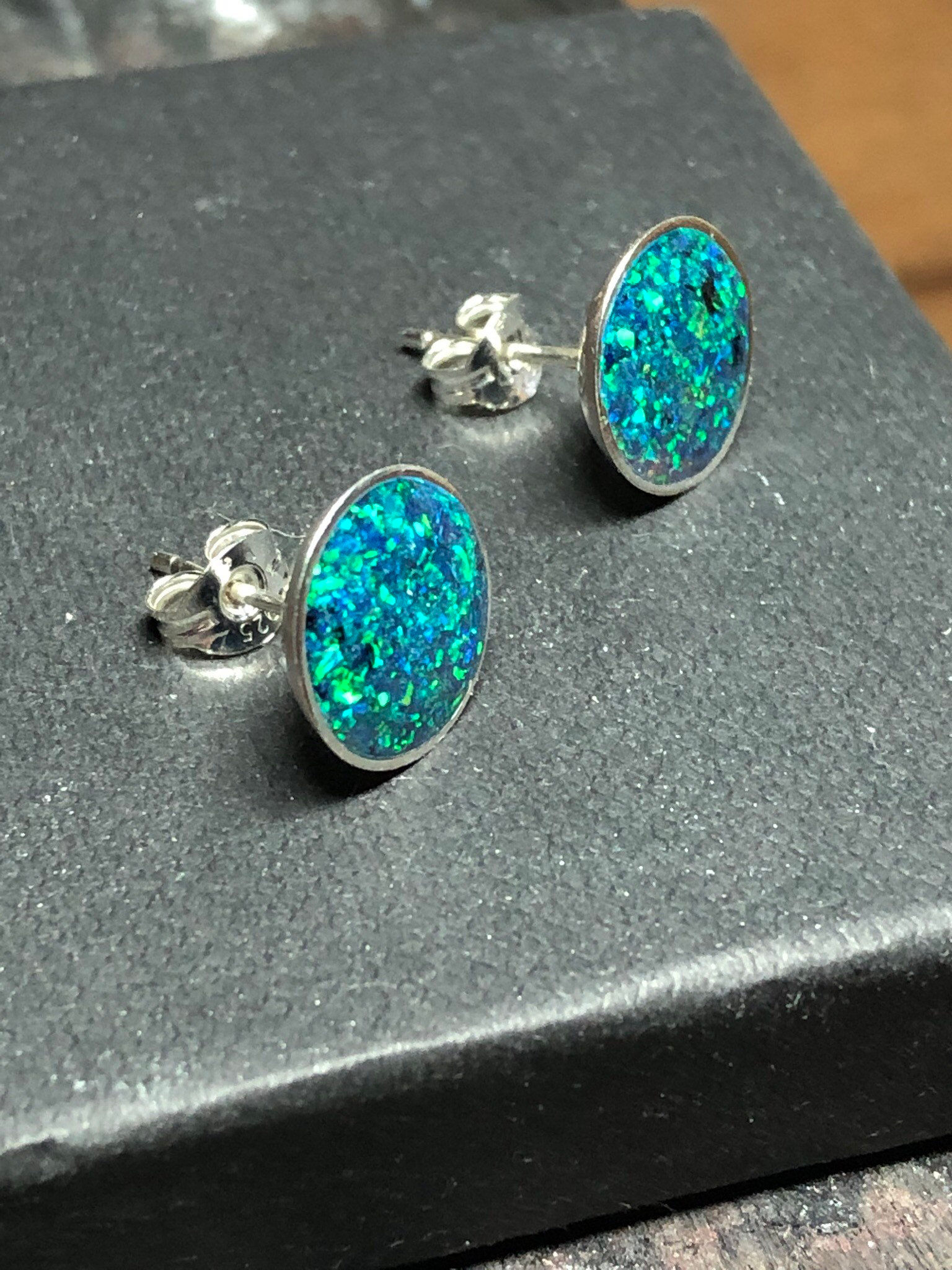 Sterling Silver  Beautiful Handmade Black Opal Stud Earrings with Green Fire