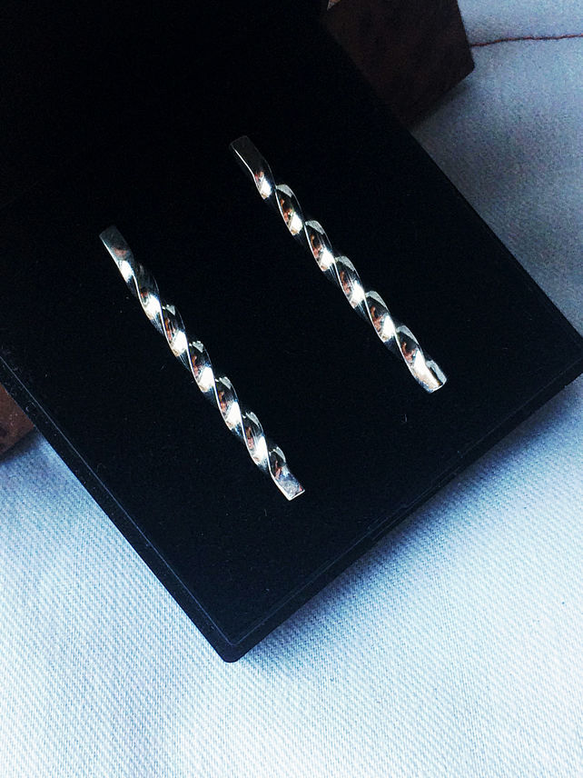 Thumbnail: Sterling Silver Twisted Hanging Bar Earrings