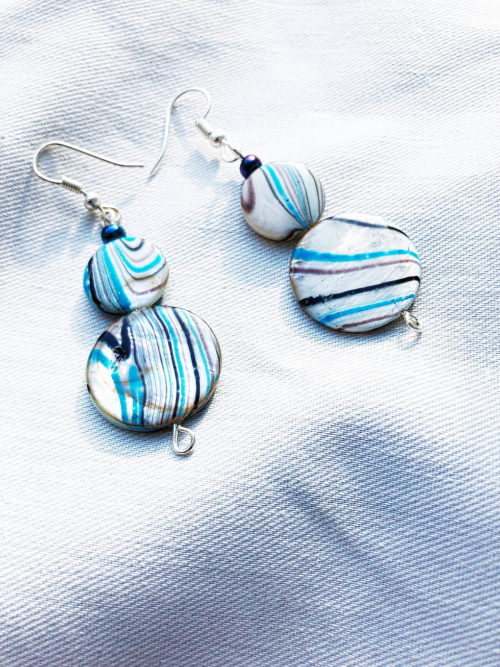 Thumbnail: Mother of Pearl Shell Blue Wave Coin Bead Earrings with Silver Earwires