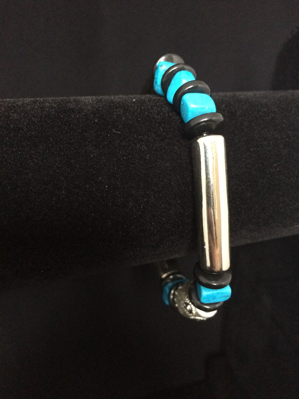 Thumbnail: Turquoise & Black Silver Tube Stretch Bracelet