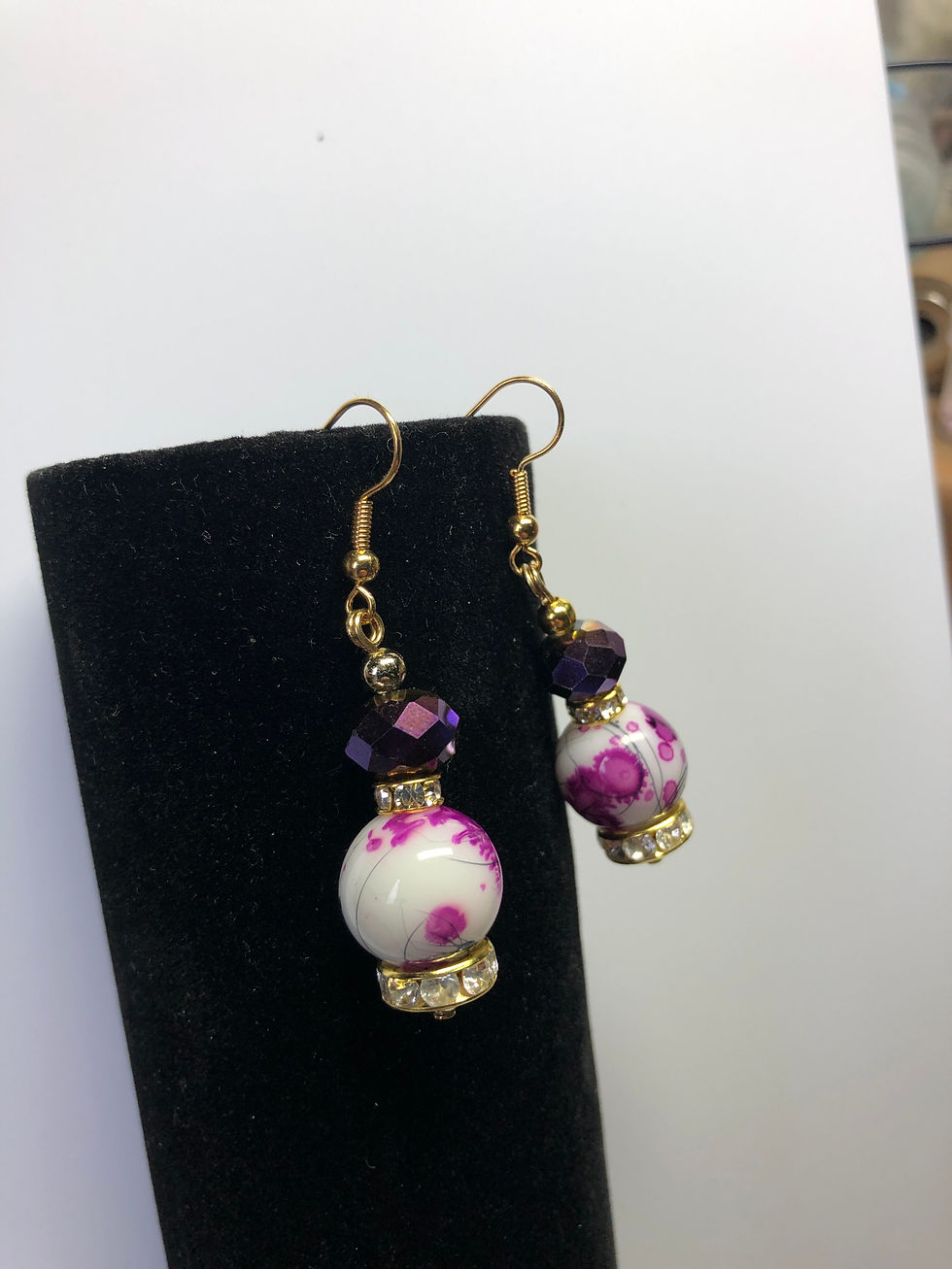 Thumbnail: Purple Painted Glass Bead Earrings Gold Plated Ear Wires