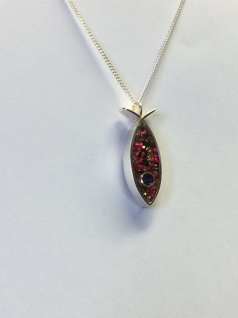 Thumbnail: Handmade Sterling Silver Fish Pendant Necklace with Gemstone Eye 