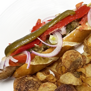 Johnny's favorite. 1 jumbo housemade hot dog, pretzel bun, mustard, relish, onion, tomato, pickle, jalapeno, celery salt ~ Choose traditional dog OR tofu dog.