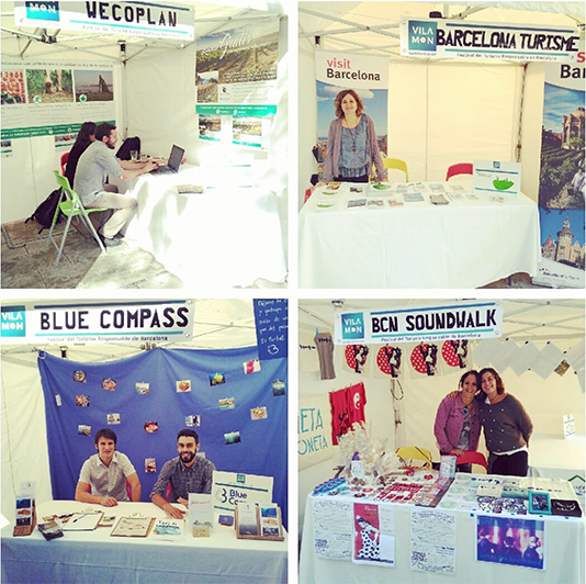 diferentes paradas de la primera Fira del Festival de Turismo Responsable de Barcelona. Paradas de Wecoplaw, Blue Compass, BCN Sound walk, Barcelona Turisme