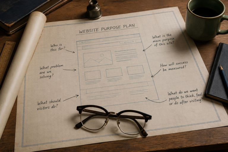 Blueprint planning document showing website objectives, audience and business goals beside vintage reading glasses on a wooden desk.