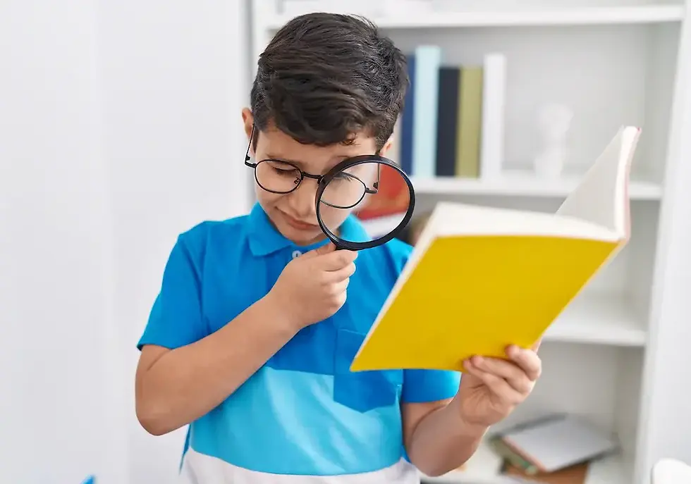 A boy with phonological dyslexia trying to read a book