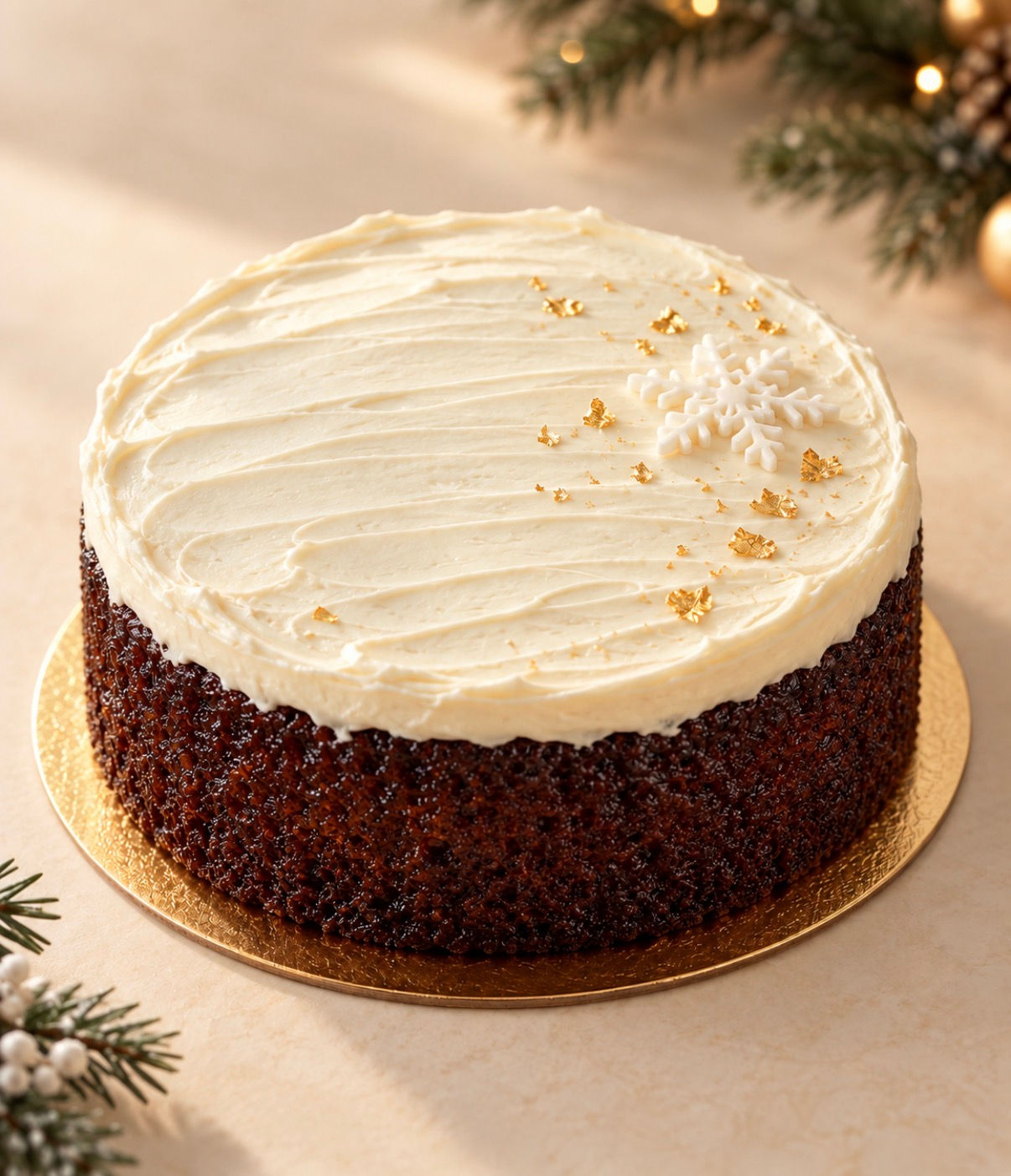 Signature rum cake with vanilla buttercream topping, gold decoration and a white snowflake