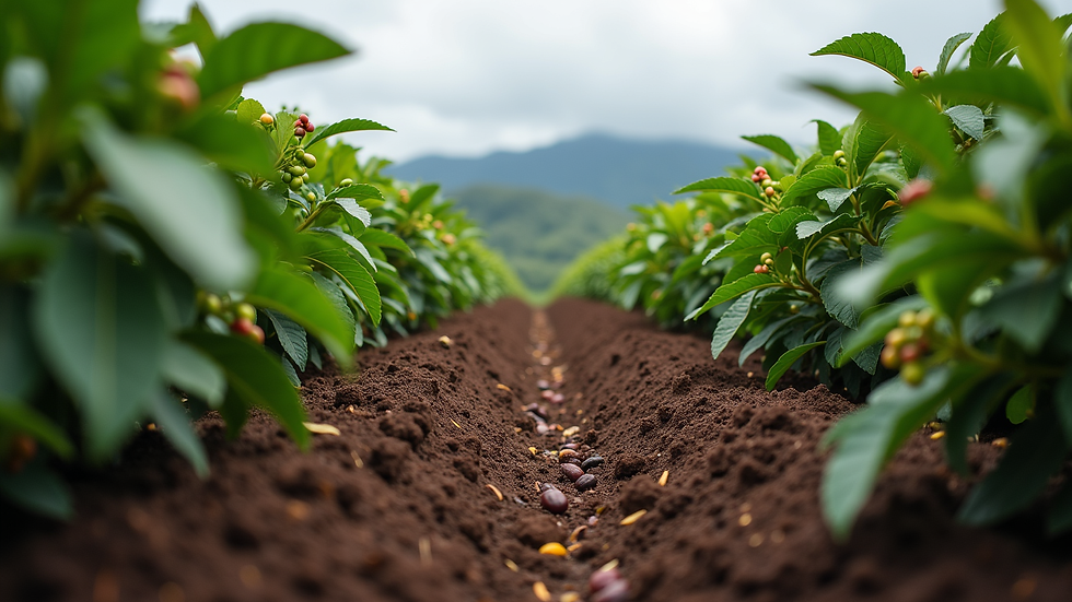 Eye-level view of a small Kona coffee farm with coffee plants and volcanic soil