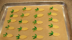 Kidfunideas.com homemade "goldfish" cracker recipe picture of the crackers on the sheet tray