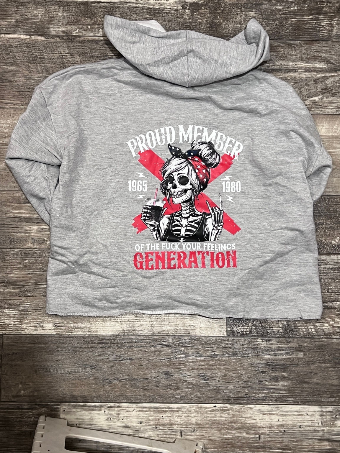 Proud Member Gen X Skeleton Cropped Hooded Sweatshirt – Size L