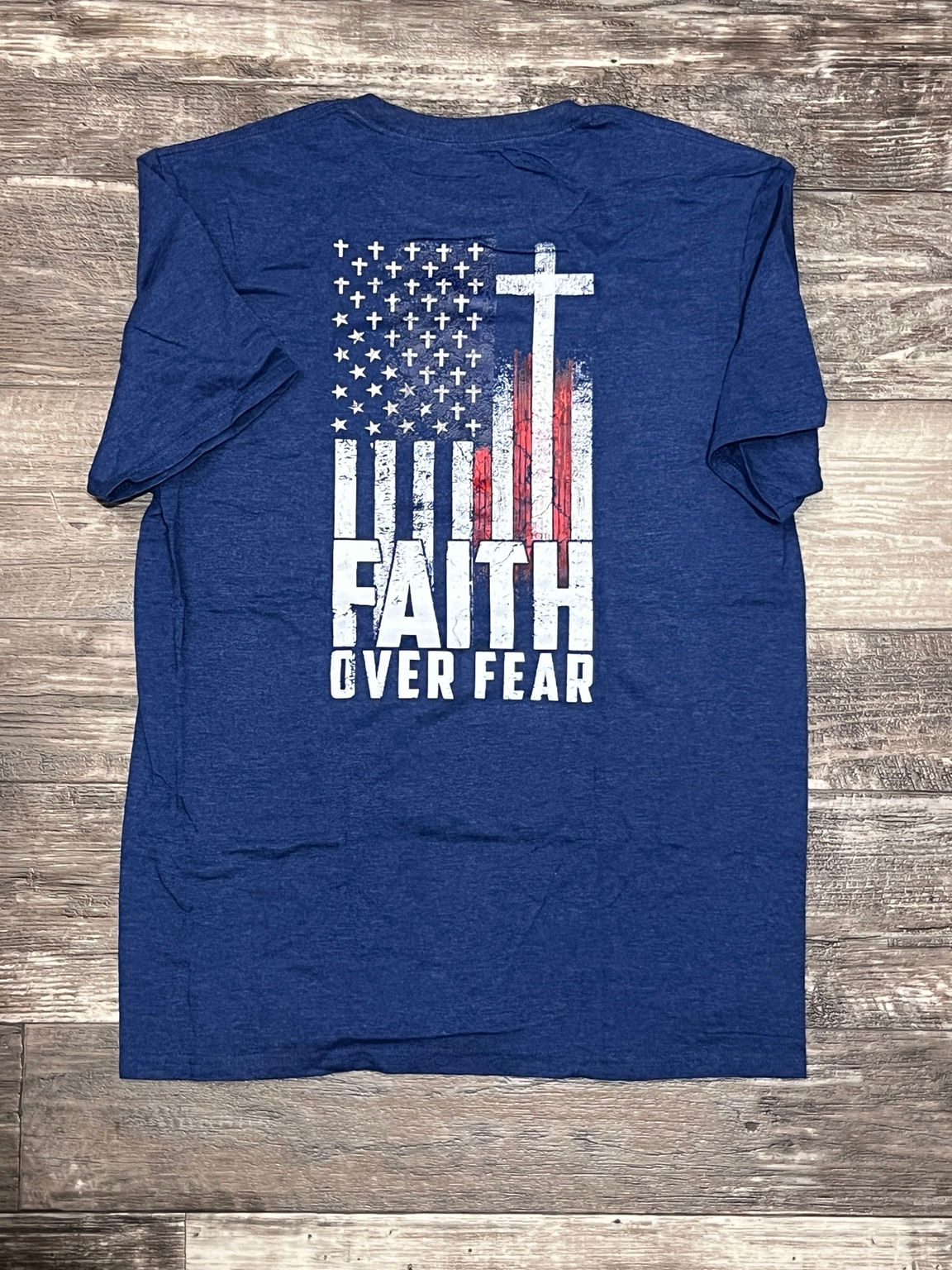 Faith Over Fear Patriotic Flag Cross Graphic T-Shirt – Size M
