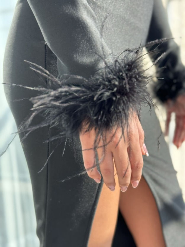 תמונה ממוזערת: שמלה מידי שחורה עם נוצות ביידים