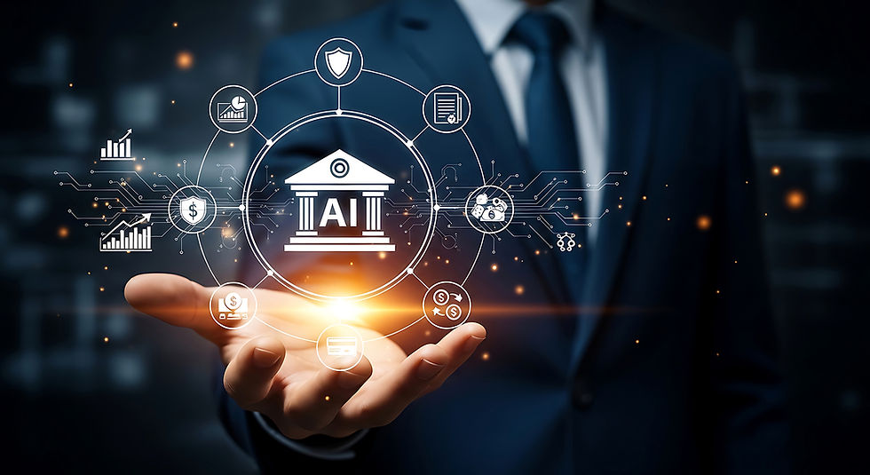 A person in a suit holds a glowing digital graphic of a bank icon labeled "AI," surrounded by financial symbols on a dark background.