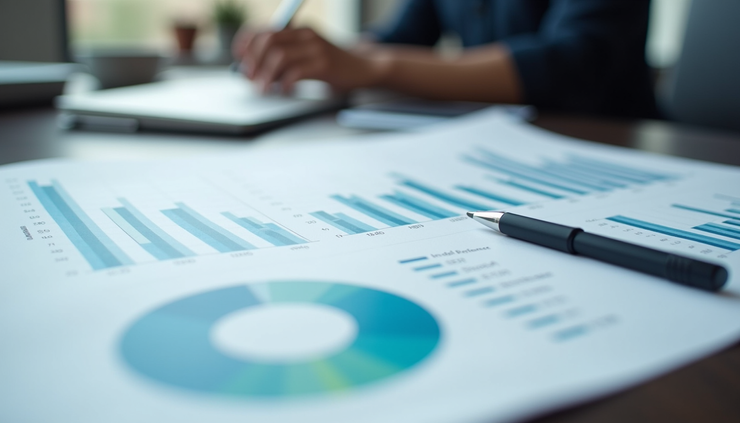 Eye-level view of a financial report showing recurring revenue charts on a desk