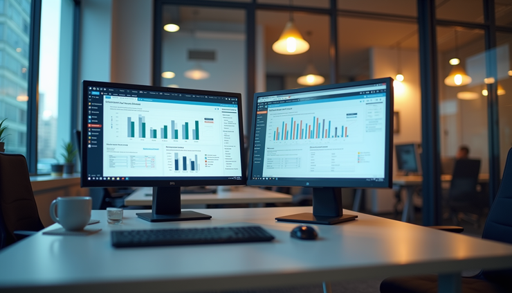Eye-level view of a modern office desk with dual monitors displaying PSA software and accounting dashboards