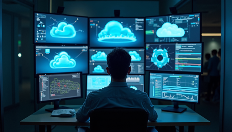 High angle view of a technician monitoring cloud infrastructure on multiple screens