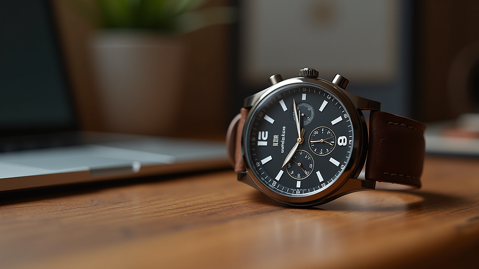 Close-up view of a stylish leather watch on a wooden table