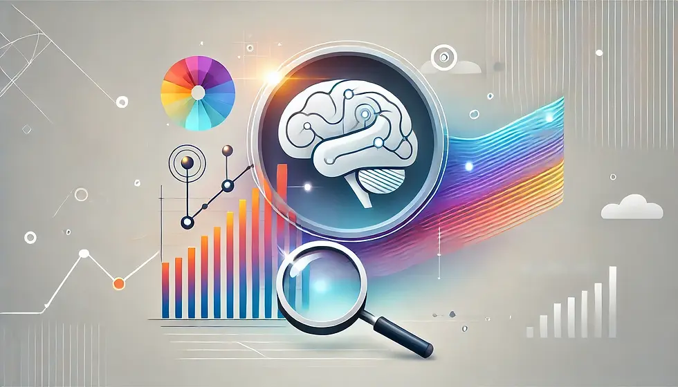 Illustration of a brain inside a magnifying glass, colorful bar graph, and spectrum wheel on a digital abstract background, suggesting analysis.