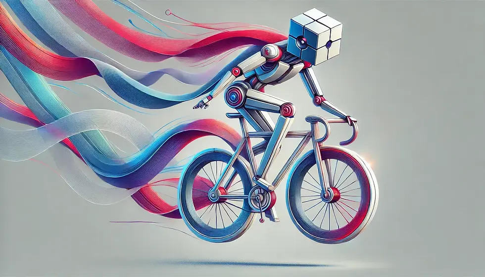 A robot with a Rubik's Cube head rides a bicycle. Flowing red and blue ribbons trail behind. The background is a soft gray.