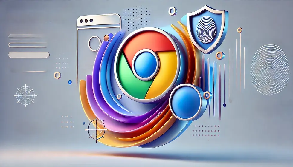 Colorful browser logo with layered 3D shapes, fingerprint icons, and shield on light blue background, suggesting digital security themes.