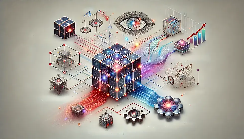 A digital scene of interconnected cubes and gears with colorful lines, an eye symbol, and graphs, representing technology and data flow.